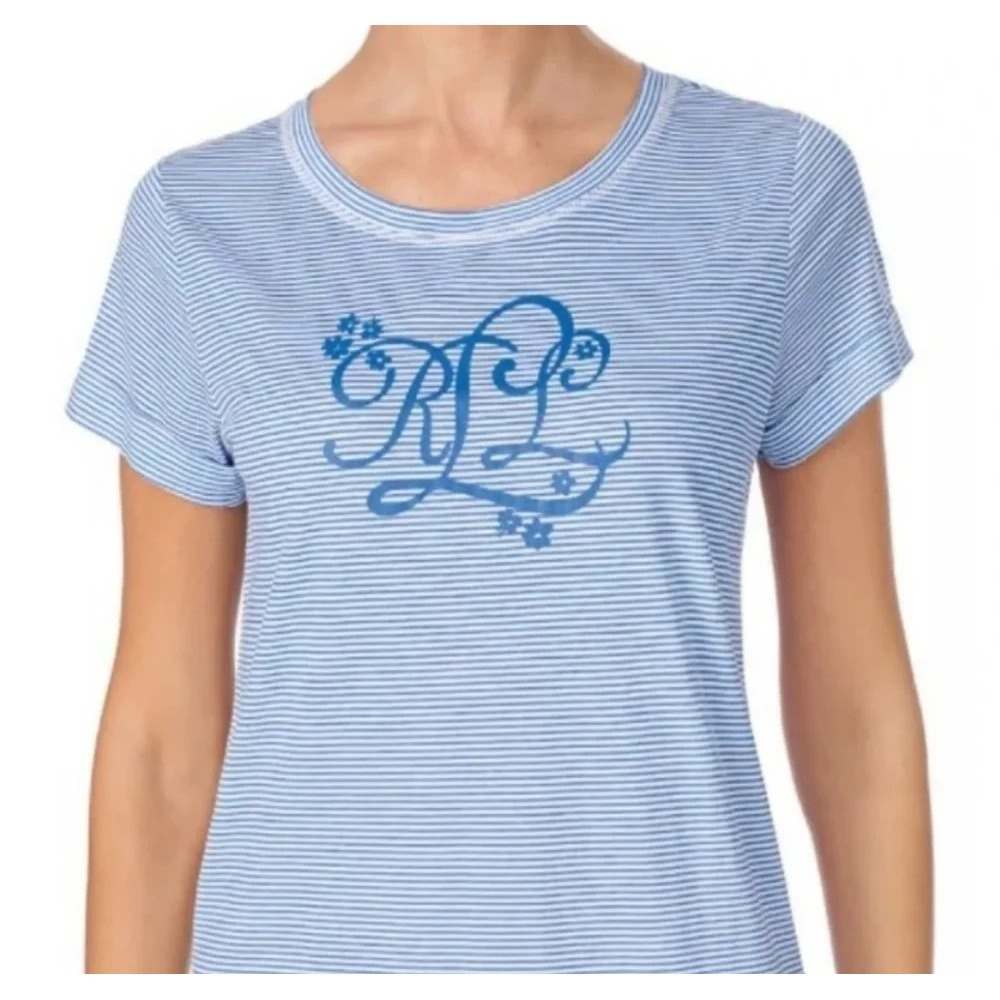 Ralph Lauren Sleep Shirt Women's Large Blue White Striped Pajama Script Logo